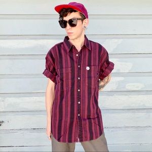 Burgundy & Black Button Up Short Sleeve Shirt